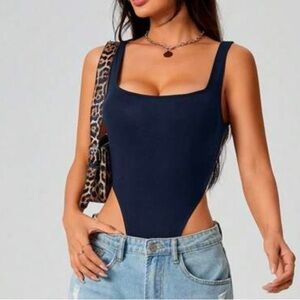 Blue Fitted Bodysuit with Square Neckline
